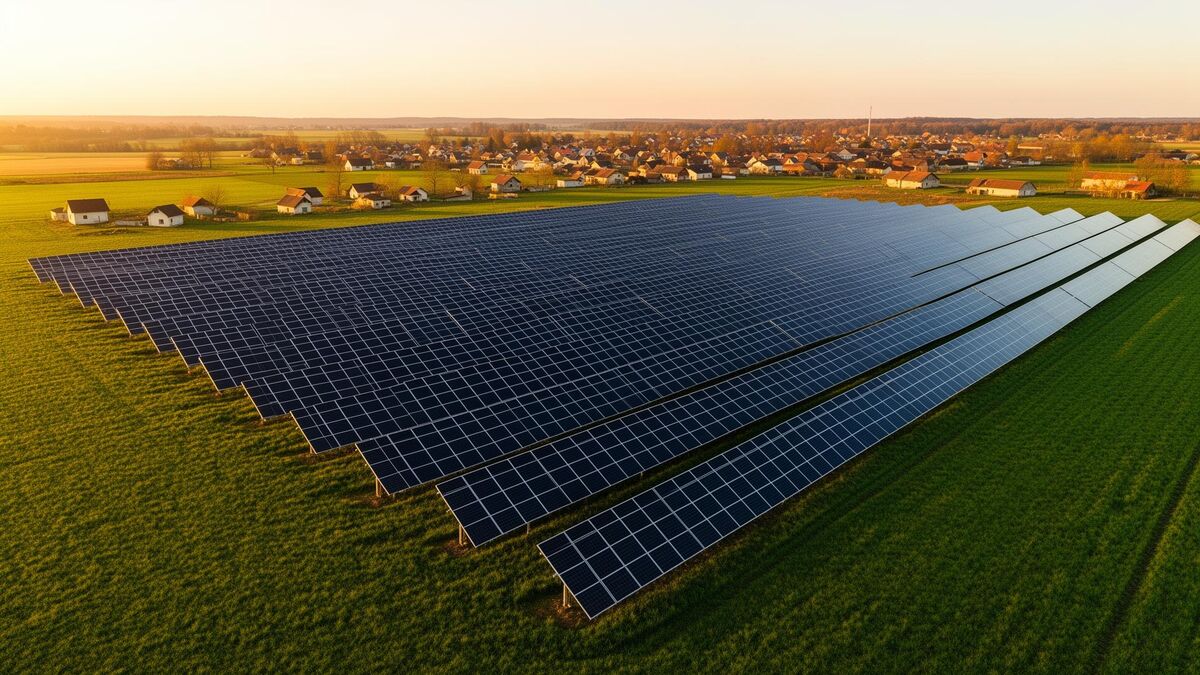 Aerial drone photograph of a Cannon Community Solar ground-mount array at golden hour - neat rows of dark photovoltaic panels on a green field, with farmland and a small rural community visible in the distance.