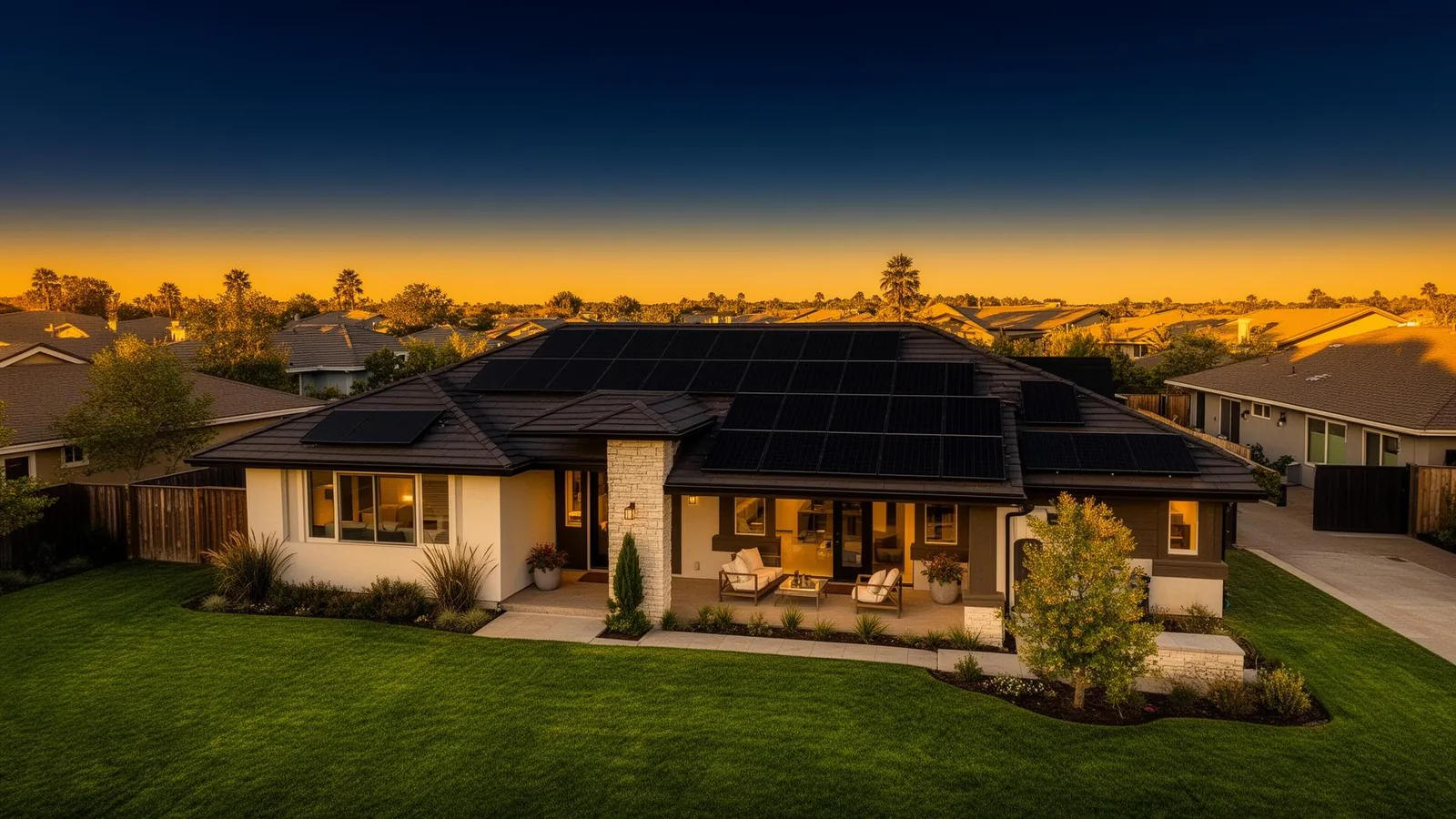 Modern home with rooftop solar panels