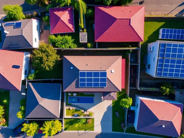 Aerial view of suburban solar installation